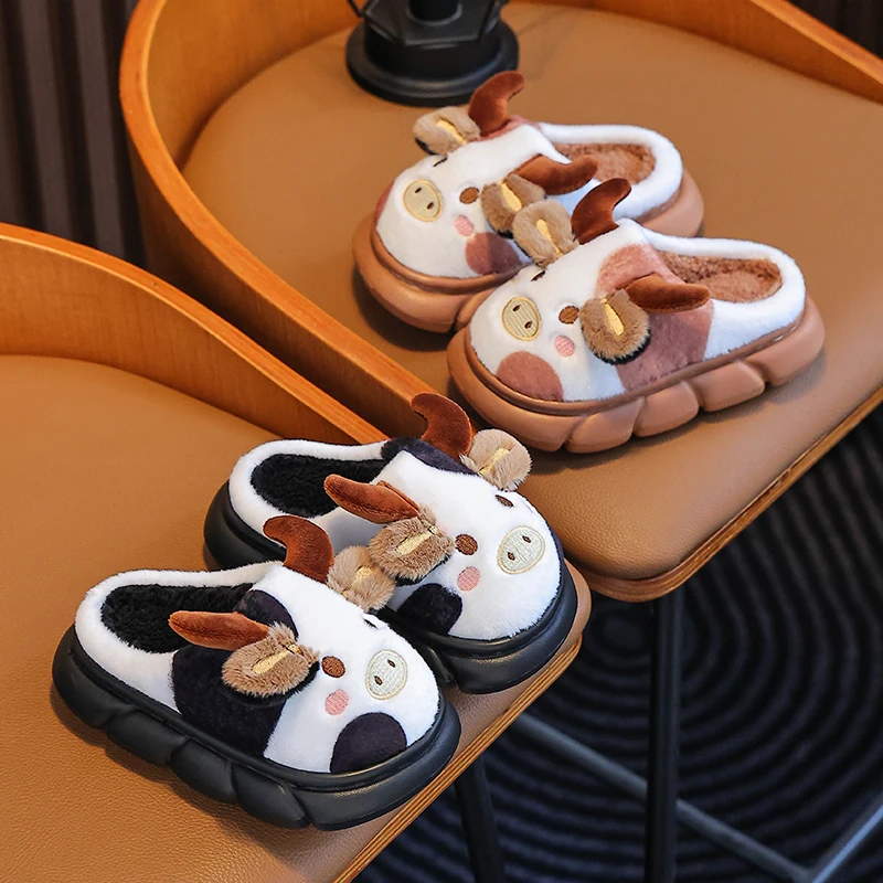 

Winter Kids Cow Slippers Plush Warm Cartoon Animal Slippers for Children Non-slip Indoor Home Shoes