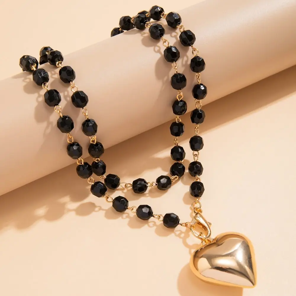 Trendy Black Beads Necklace Goth Eelegant Big Love Heart Pendant Choker Punk Imitation Crystal Heart-shaped Pendant Necklace