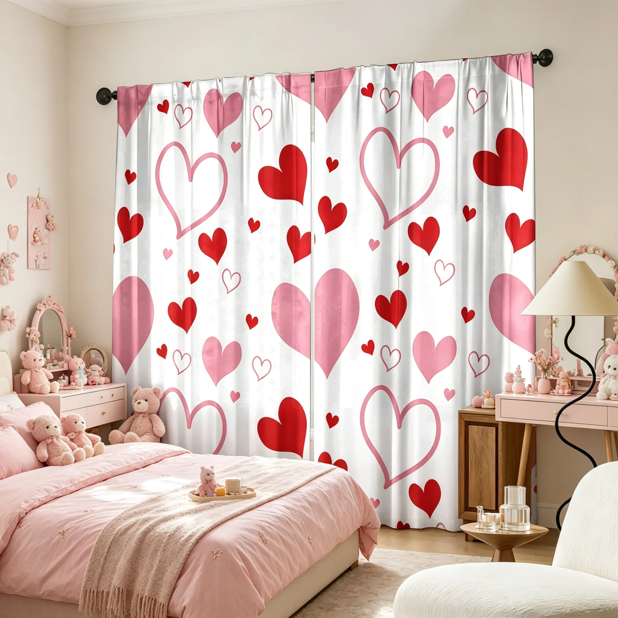 2Pcs Pink Heart 2D Printed Thin Semi-Transparent Curtains Princess Style Bedroom Decorations 100% Polyester Fabric Machine Washa