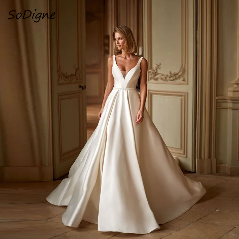 

SoDigne A-line Satin Wedding Dress V-neck Sleeveless Appliques Bride Dresses Long Princess Bridal Gown Vestido De Noiva