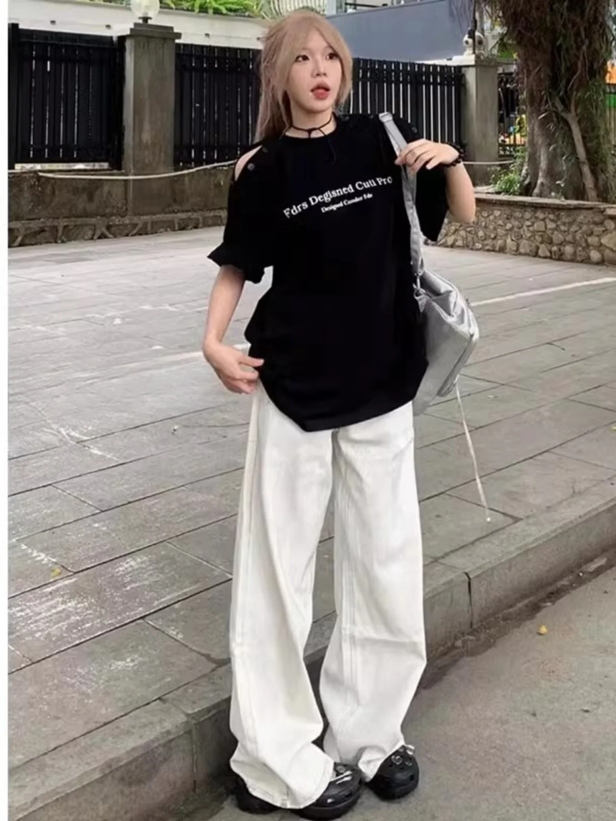 

White High Waist Straight Leg Jeans Women's Loose Floor-Length Casual Wide Leg Pants Slimming Loose Fit Denim Trousers