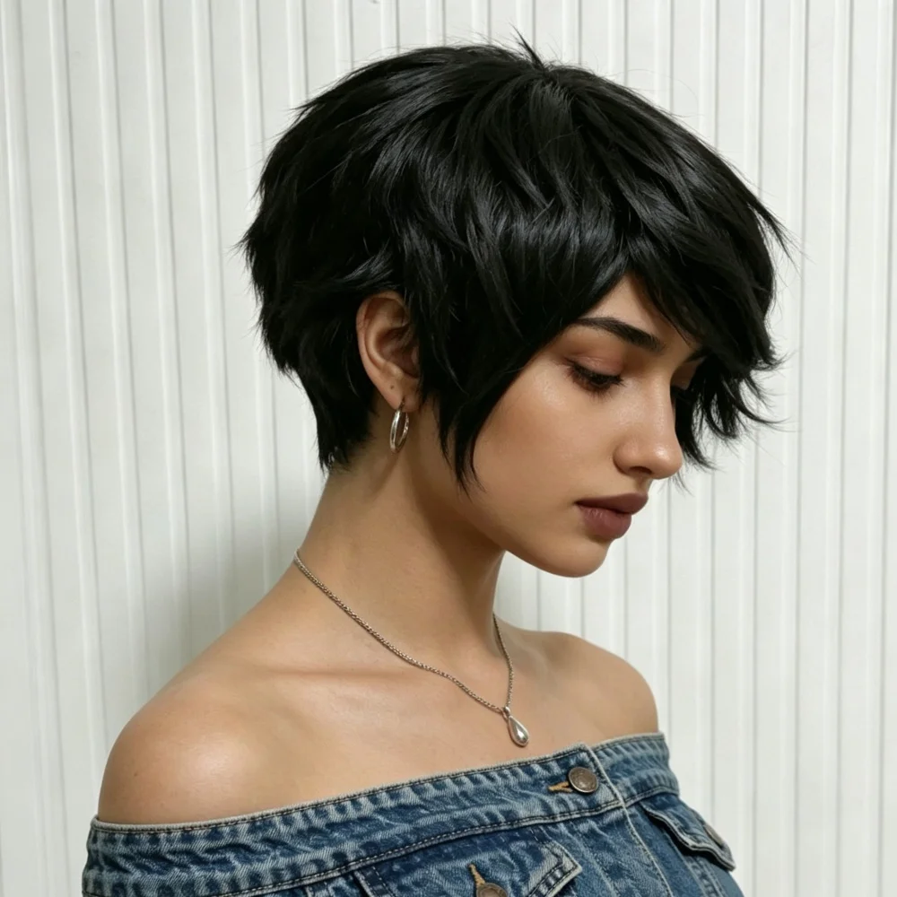 pixie wigs with bangs Pixie Cut Style Short Wig Natural Look Full machine made wig Natural Black Color