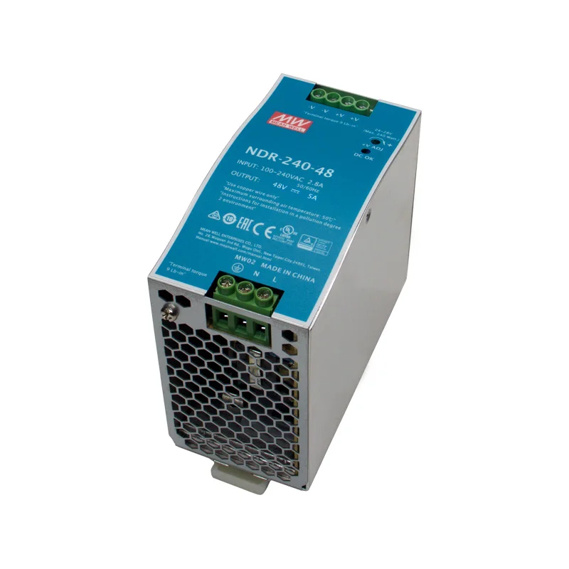 NDR-240-48 AC-DC Single output Industrial DIN rail power supply; Output 48Vdc at 5A; metal case