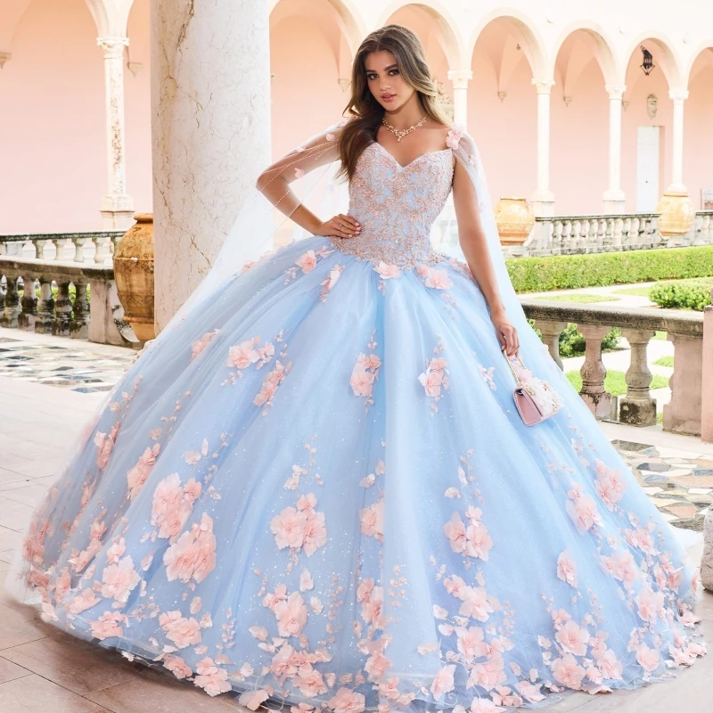 

Sky Blue Ball Gown Quinceanera Dresses Vestidos De 15 Anos Party Lace Beads Pink 3DFlower Cinderella 16 Birthday Princess Gowns