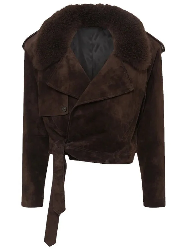 Vintage Brown Short Suede Jacket Women Furry Collar Tie - up