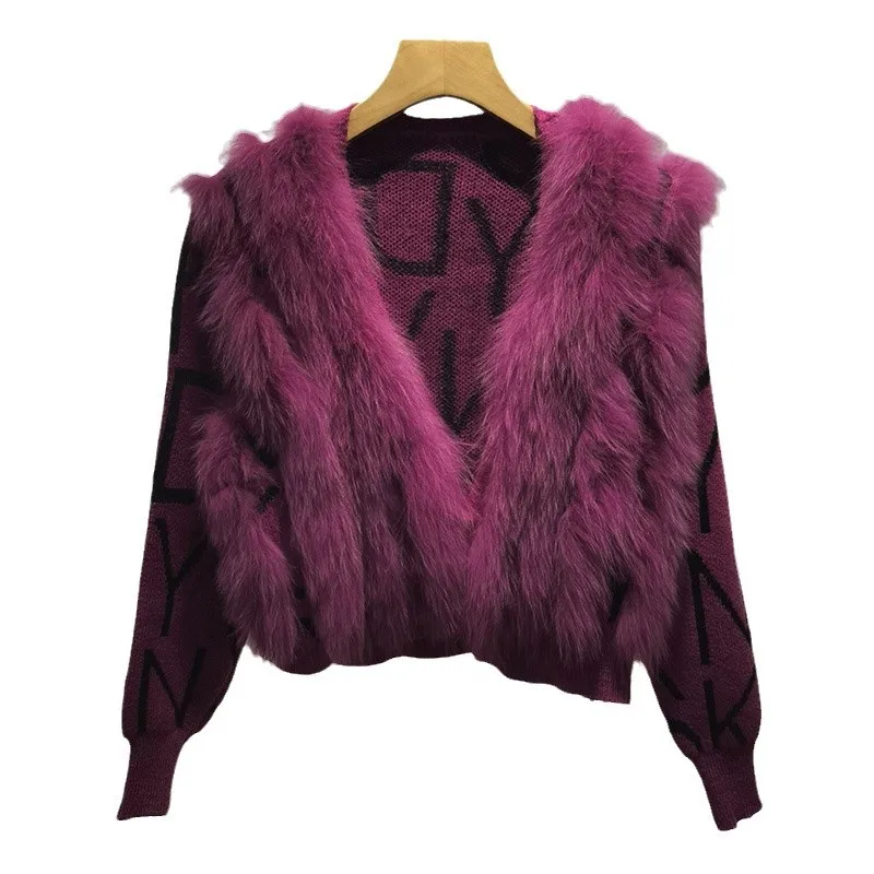 Women Short Knitted Cardigan With Real Fox Fur Autumn Long Sleeve Female Genuine Fur Striped Cardigans Sweater