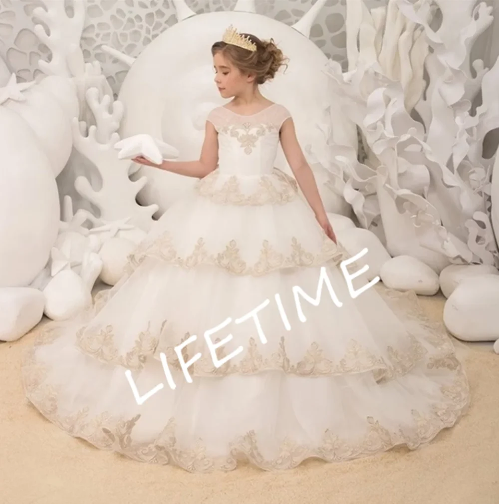 Flower Girl Dress Short Sleeve Wedding Party Dress Tulle Crystal Belt Lace Princess Bow Ball Gown Robe