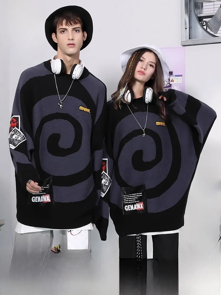 

Genanx Thunder Tide Bat Sve Long Sve трикотаж повседневный свободный крой в полоску с вышивкой мужской зимний модный круглый свитер Ne