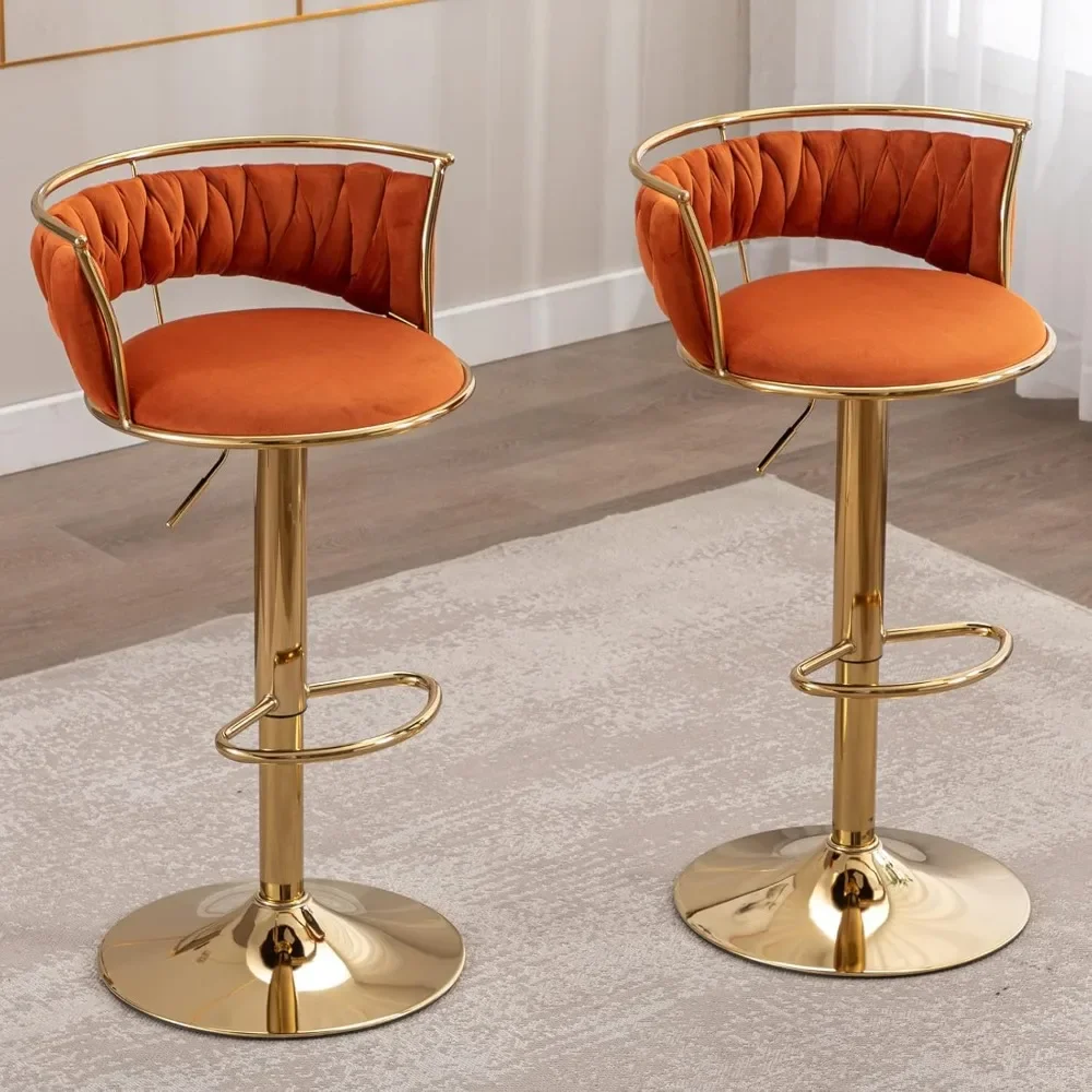 Bar Stools Set of 2, Velvet Adjustable Height Bar Stools Low Back Kitchen Island Counter Bar Chair with Golden Base, Orange