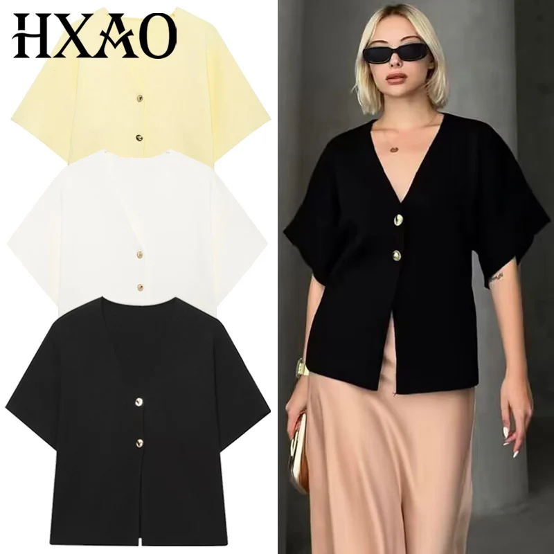HXAO Strickjacke für Damen, Sommer 2022, Damenpullover, Weiß, Gelb, Schwarz, Strickjacke, schicker Knopf, kurze Ärmel, Strickwaren, Oberbekleidung