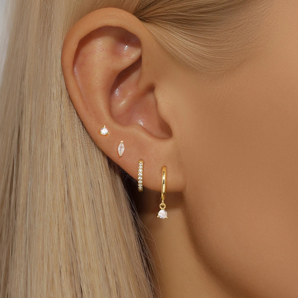 4pcs Round Pendant Earrings Set for Women Simple Stainless Steel Horse Eyes Zircon Dangle Earring Cartilage Piercing Jewelry