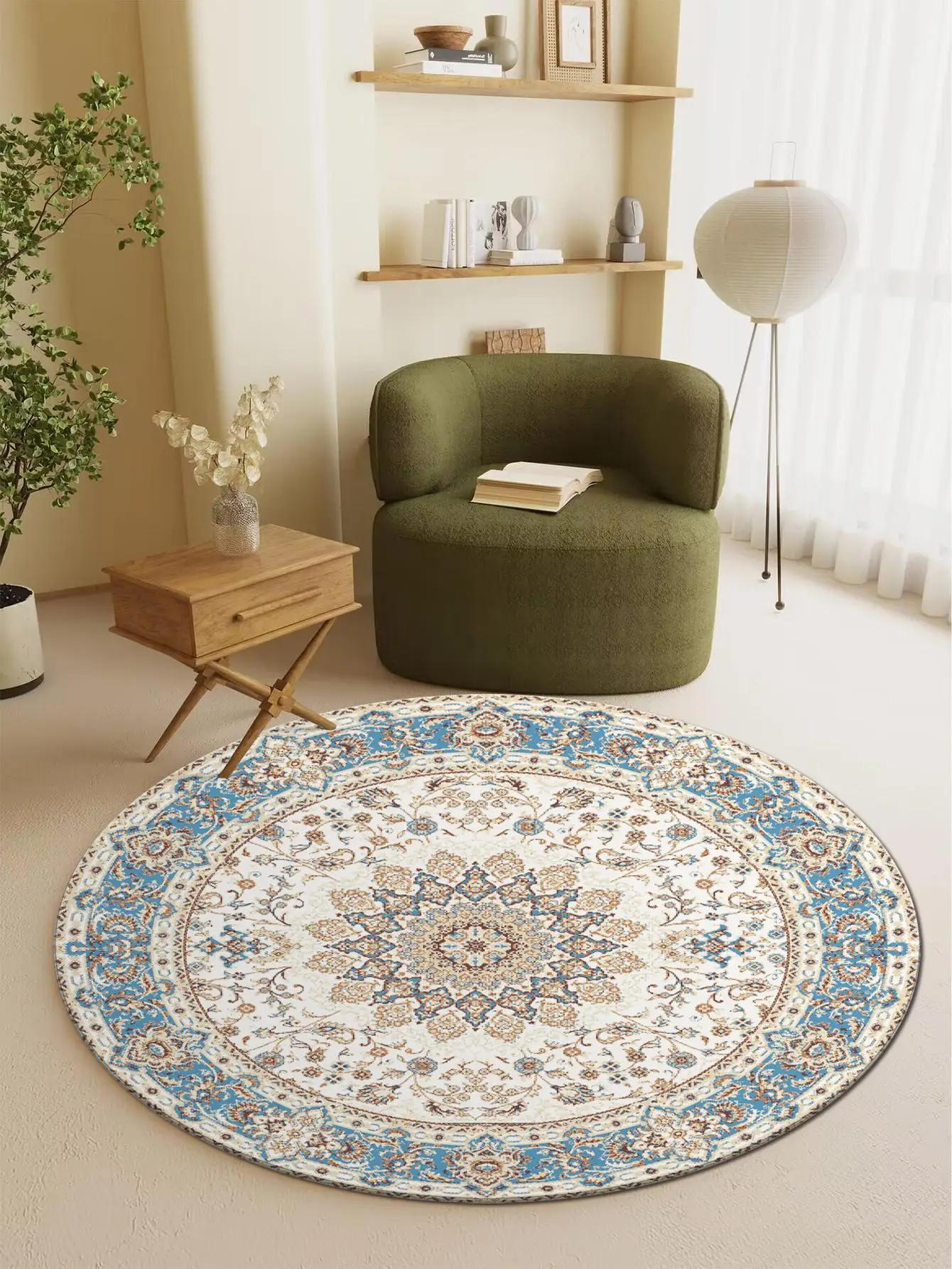 Crystal velvet carpet floor mat round blue frame non-slip waterproof easy to clean bedroom living room mat entry mat table mat