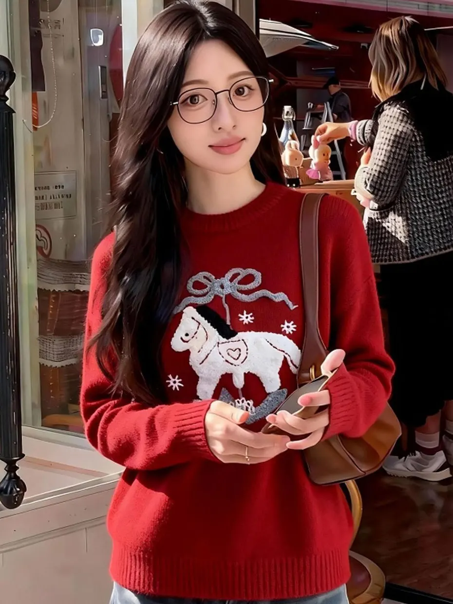 

Lucky Year Red Design Women's Sweater Soft Cozy Winter Knitted Top Casual Loose Fit Long Sleeve round Neck Sweatshirt