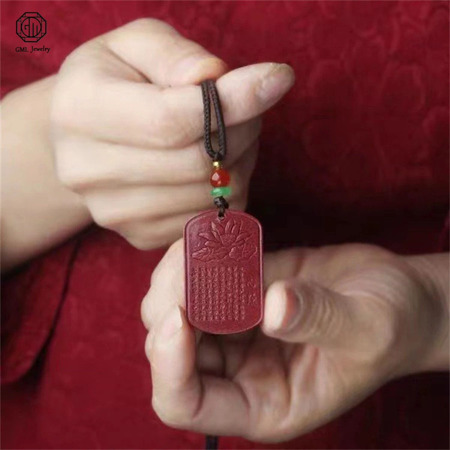 Natural Cinnabar Heart Sutra Peace Plaque Five Fortune Gourd Pendant High Content Purple Gold Sand Unisex Hanging Necklace