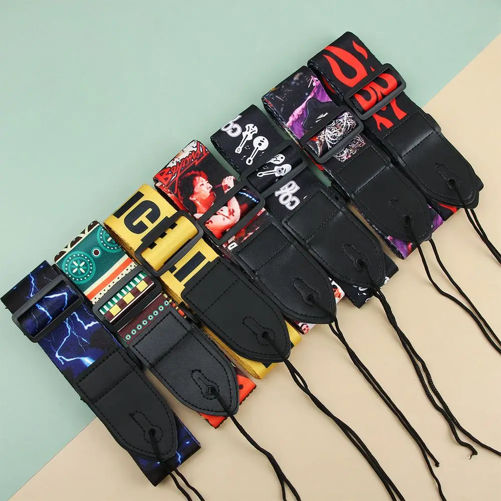 Colorful Print Style Guitar Strap for Acoustic Electric Guitar&Bass Adjustable Nylon Guitar Belt PU Leather End Guitar Accessory