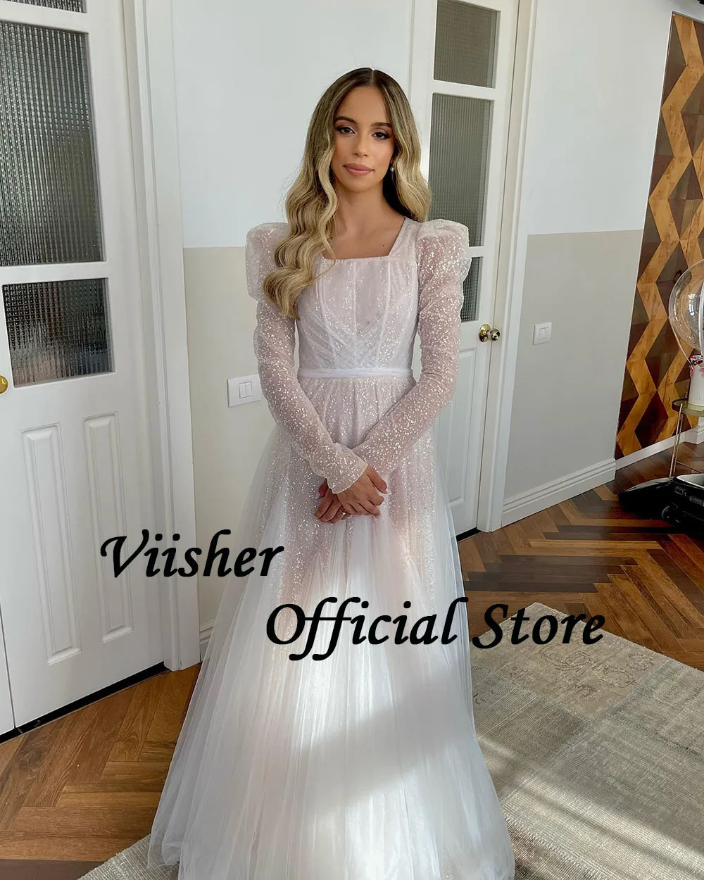 Viisher Sparkling Tulle A Line Wedding Dresses Long Sleeve Square Neck Elegant Bride Dress Simple Civil Wedding Bride Gowns 2023