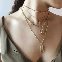 SUMENG 2024 New Bohemia Gold Color Cross Jesus Virgin Mary Chain Pendant Layered Necklace for Women Easter Day's Gifts