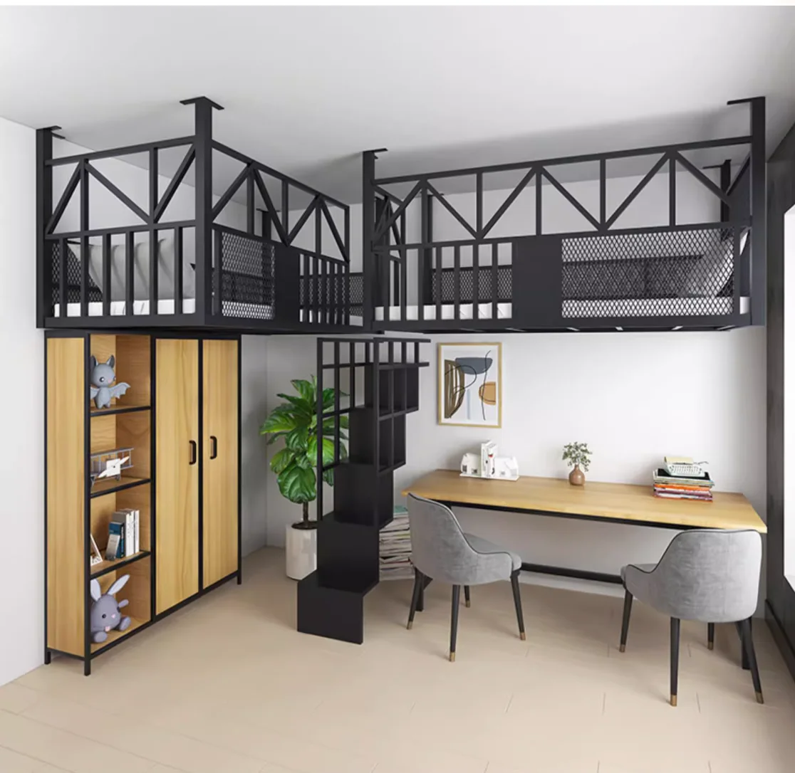 Wrought iron upper children's bed Multifunctional double loft bed space saving loft bed conjoined