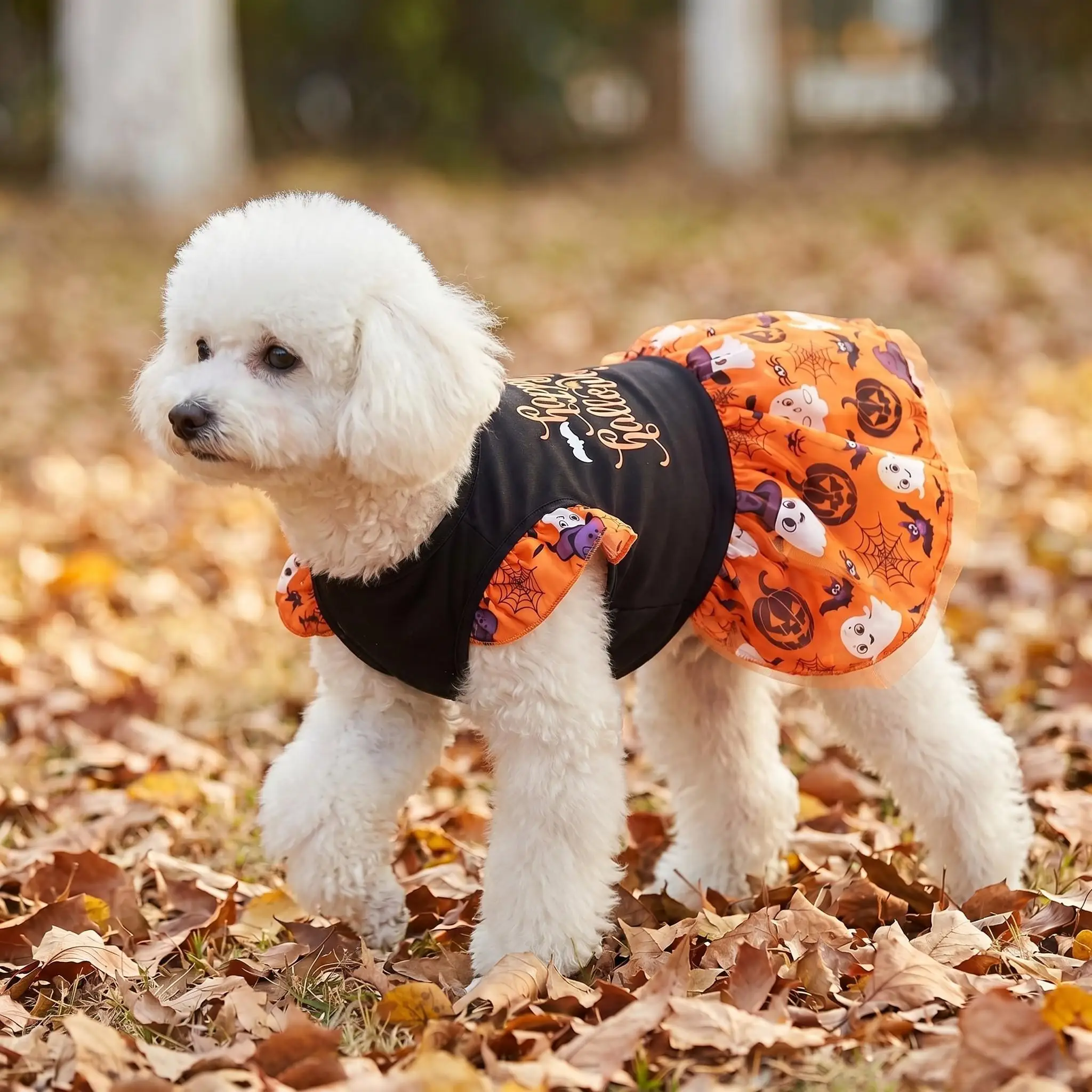 Fröhliches Halloween-Hundekleid mit Rüschen, Kürbis, Geist, Fledermaus, Spinne, orangefarbenem Netz-Tüllrock, Haustier-Outfit für kleine und mittelgroße Hunde und Katzen – Detail 5
