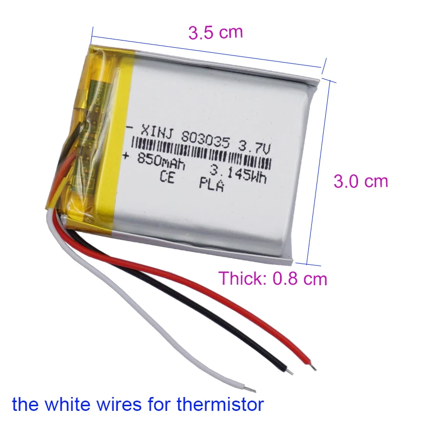 3.7V 850mAh 3.14Wh 803035 Rechargeable Lipo Battery NTC 3 Wires JST 3Pin 1.0/1.25/1.5/2.0/2.54mm plug For GPS Bluetooth Speaker