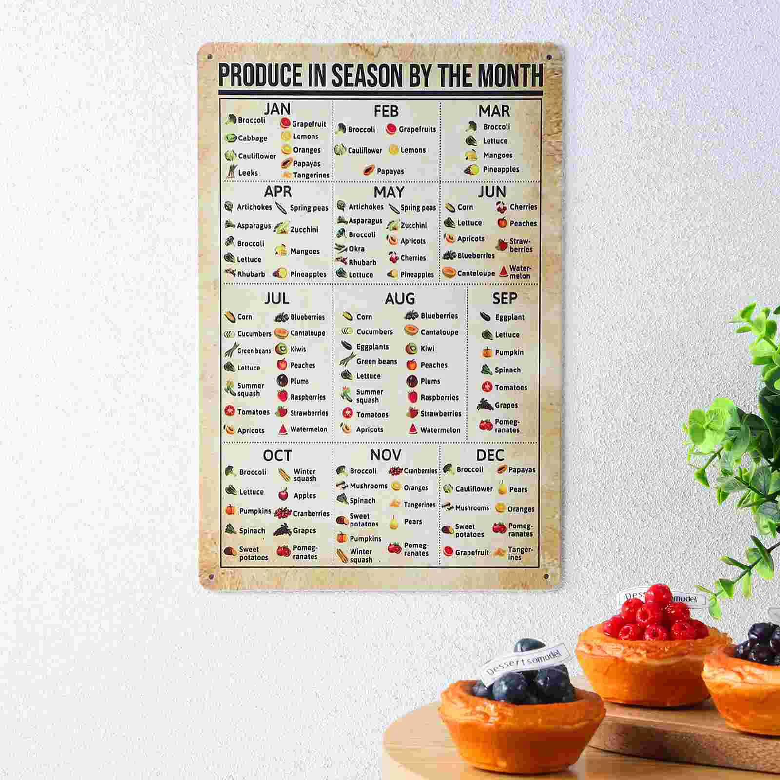 Vintage Plant Infographic Vegetable Fruit Sign Poster Posters Chart Metal for Kitchen