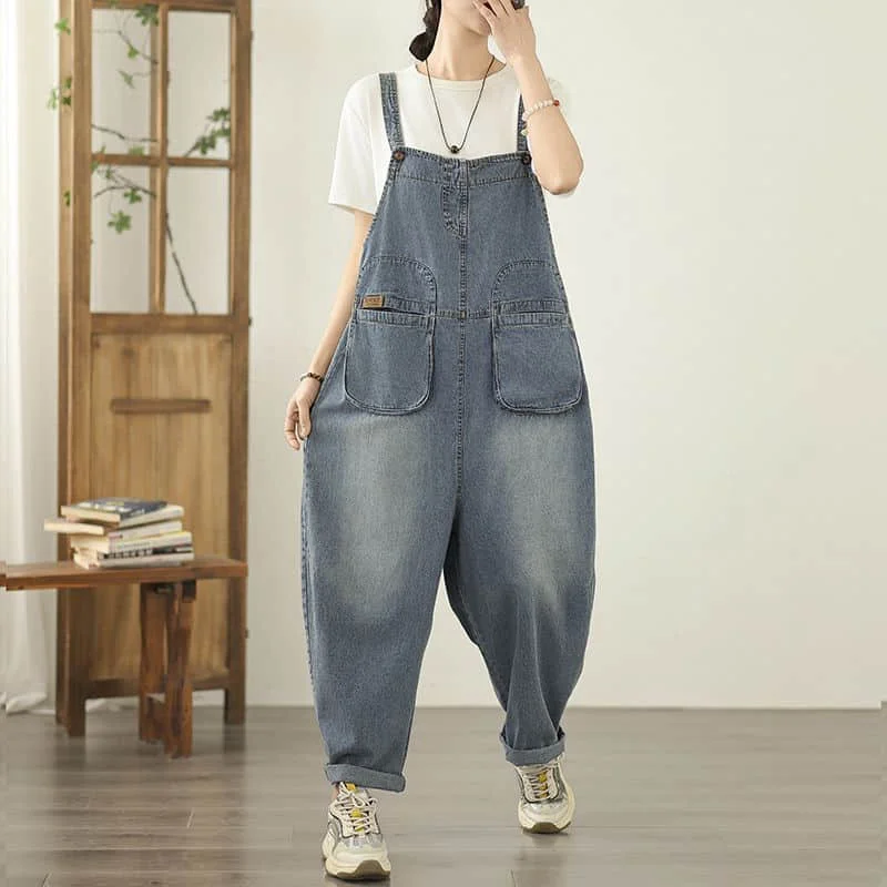 

Denim Jumpsuits for Women Pocket Design Korean Style Loose Straight Pants One Piece Outfit Women Overalls for Women Playsuits