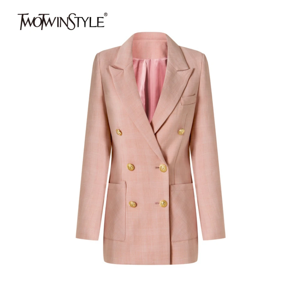 

TWOTWINSTYLE однотонный утягивающий блейзер с карманами для женщин, лоскутное двубортное пальто с лацканами и длинными рукавами, женская одежда