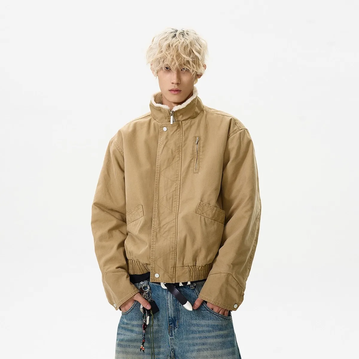 

Ретро-куртка в американском стиле Cleanfit с воротником-стойкой, хлопковая, зимняя, укороченная, свободного кроя, рабочая одежда, верхняя одежда для пар, с длинными рукавами, полиэстер