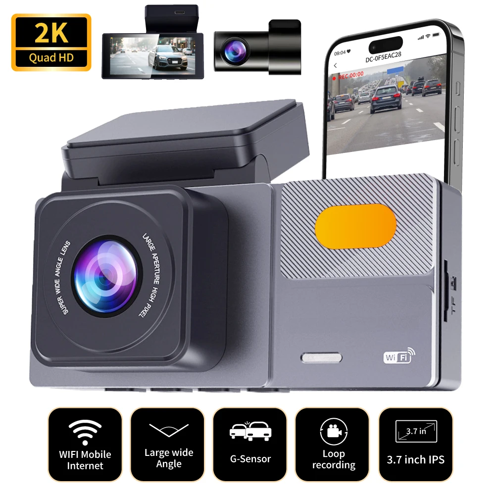 

2ways Dash Cam Car DVR WiFi hidden 3.7Inch IPS UHD 2K Front Rear Dual Lens Wide Angle Super Night Vision Loop Recording blackbox
