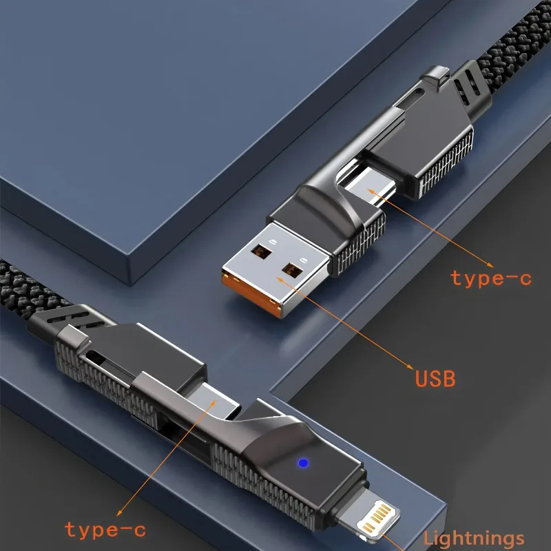 240W USB Cable 4 in 1 Phone Fast Charging Data cord for iPhone Samsung Huawei Xiaomi Multi Port PD Type-C Charging Braid Cable