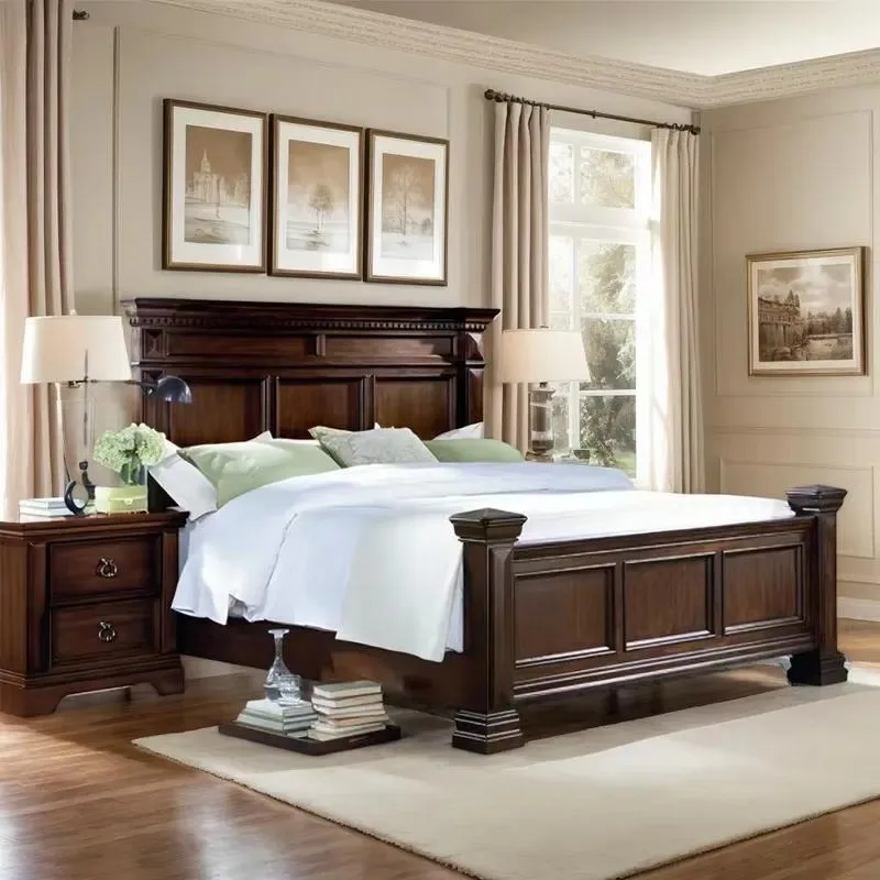 Medieval Style Solid Wood Bed Full King Size Re-engraved Design Bedroom Furniture Five Year Warranty
