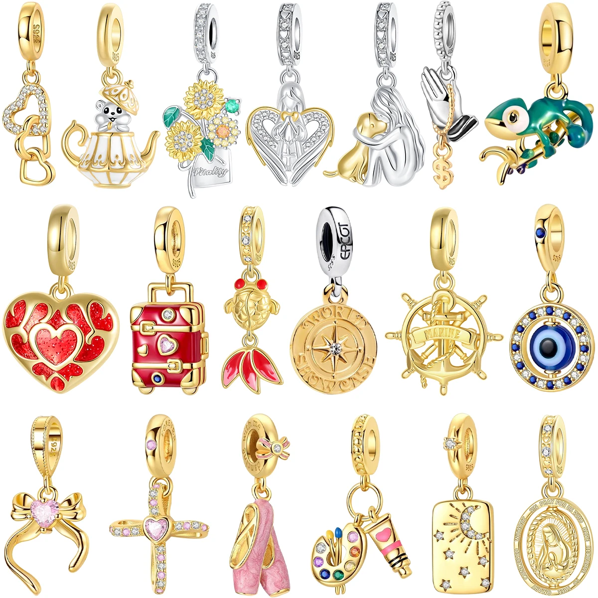 

New Original 925 Sterling Silver Golden Charms Holy Mother Heart Animal Beads Pendants Fit Bracelet Necklace DIY Jewelry Gift