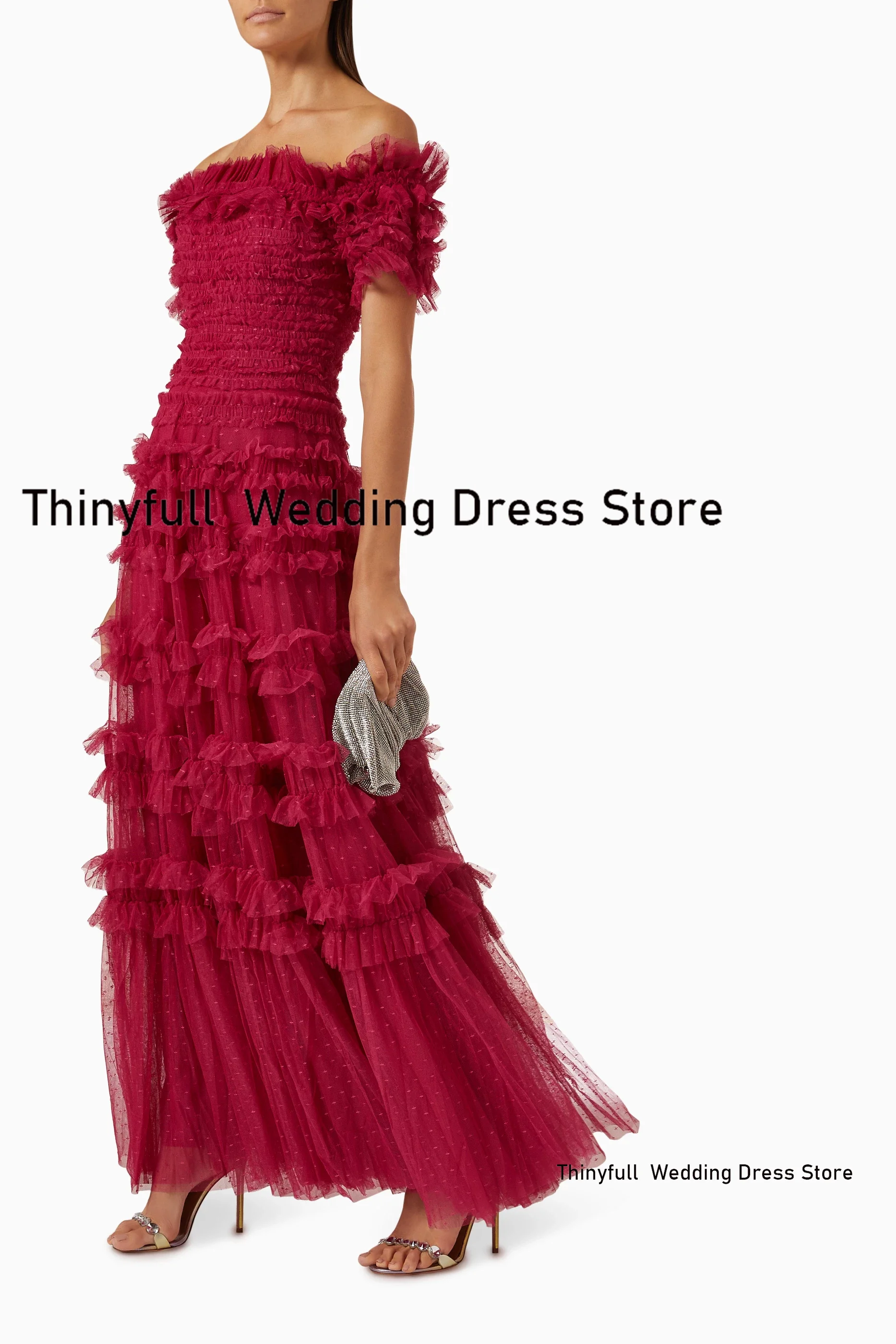 Thinyfull A-line Dotted Tulle Prom Dresses Strapless Off Shoulder Evening Party Gown Dubai Outfit Formal Occasion Dress