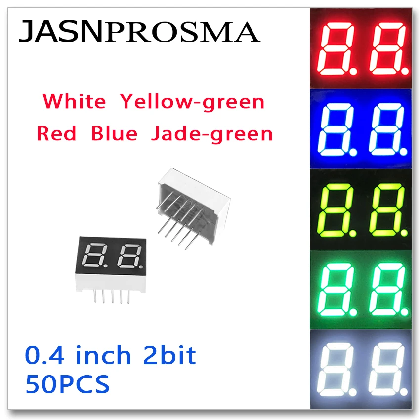 

JASNPROSMA 50 шт. 0,4 дюйма, 2-битная цифровая трубка, красный, синий, белый, нефрит, желтый, зеленый, общий катод, светодиодный дисплей, 0,4 дюйма, 7 сегментов