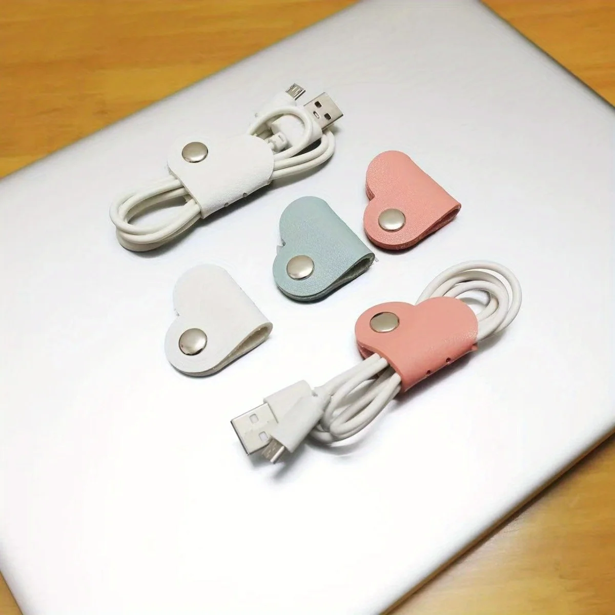 9-Pack Heart-Shaped Faux Leather Cable Straps,Multi-Color Headphone&Headset Cable Organizer,Non-Battery Cable Management Clips,