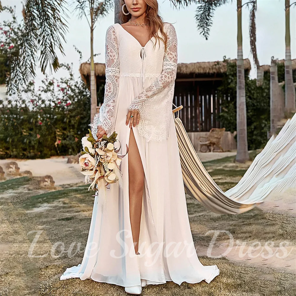 Gaun pengantin Boho Model A Line gaun pengantin gaun pengantin leher V lengan penuh gaun pengantin Applique renda belahan seksi vestidos para mujer