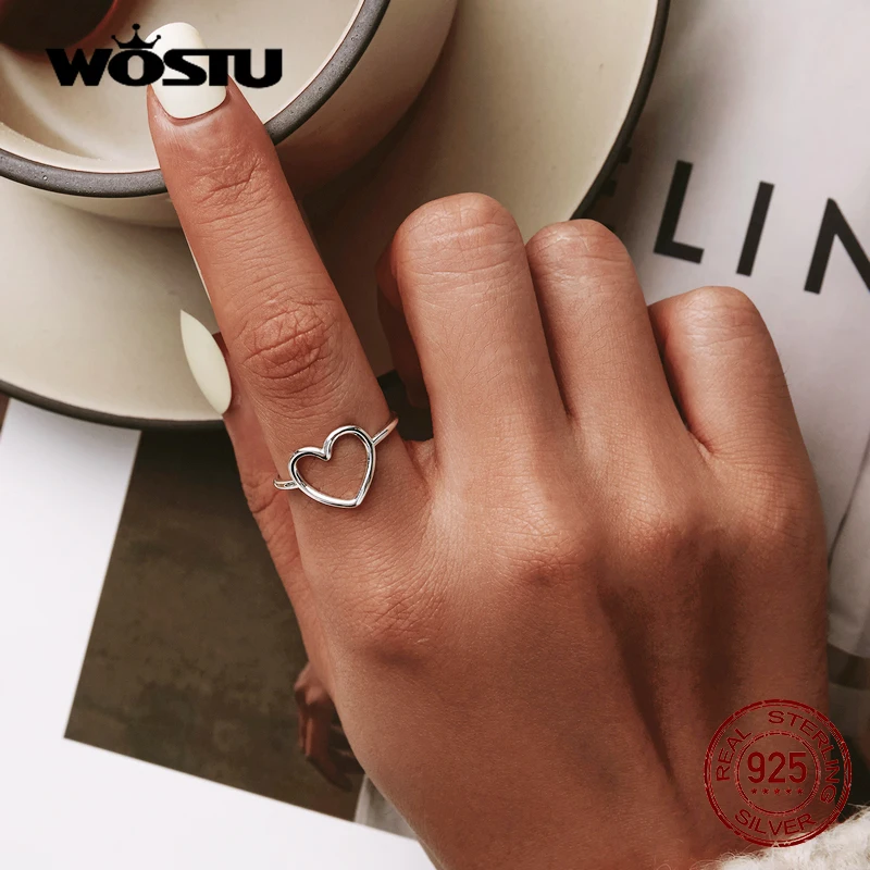 WOSTU 100% 925 Sterling Silver Heart Ring For Women Wedding Engagement Simple Rings Finger Party Fashion Jewelry Gifts CQR641