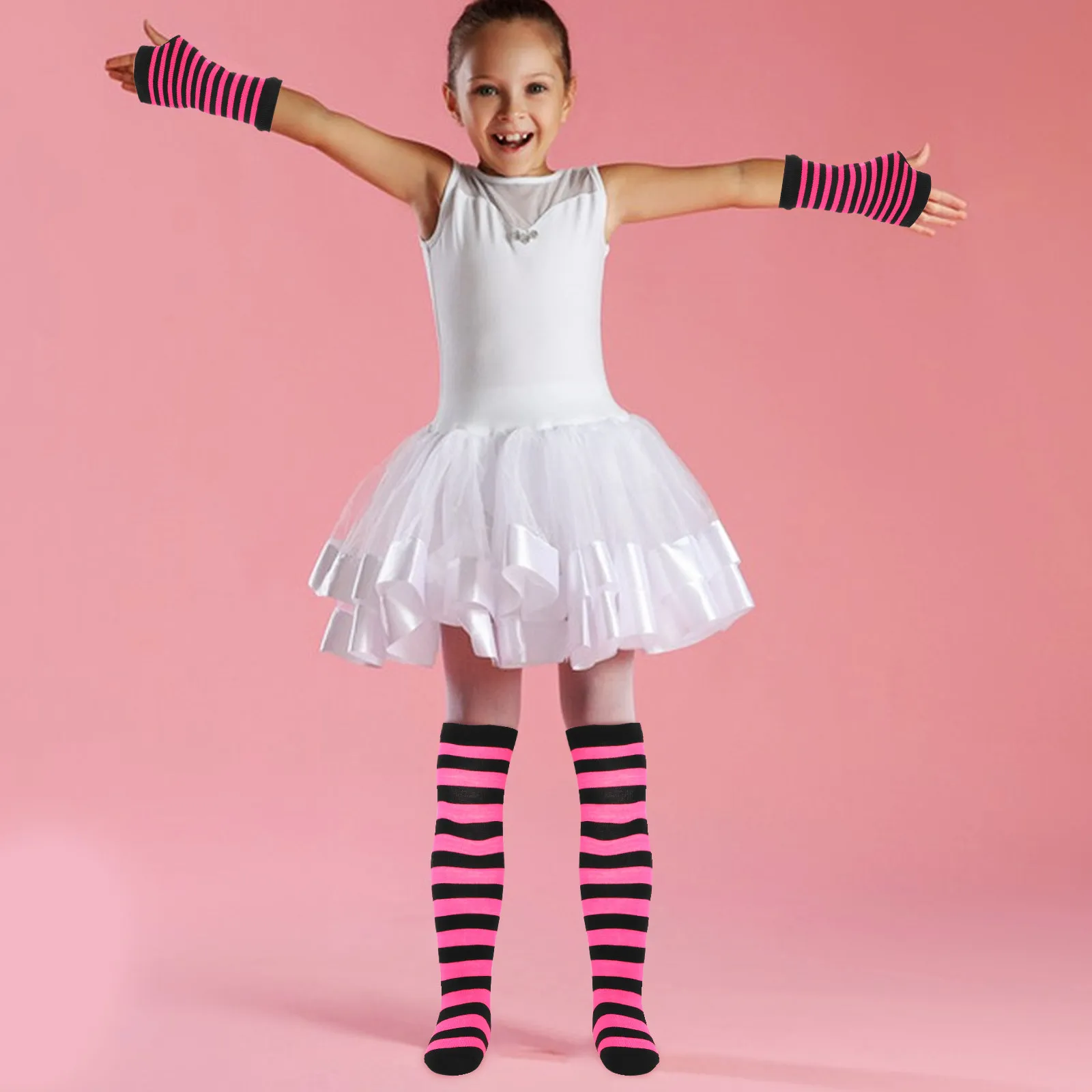 Girls Striped Arm Warmers and Leg Warmers 2 Sets Cute Fingerless Gloves for Dance Cosplay School Party