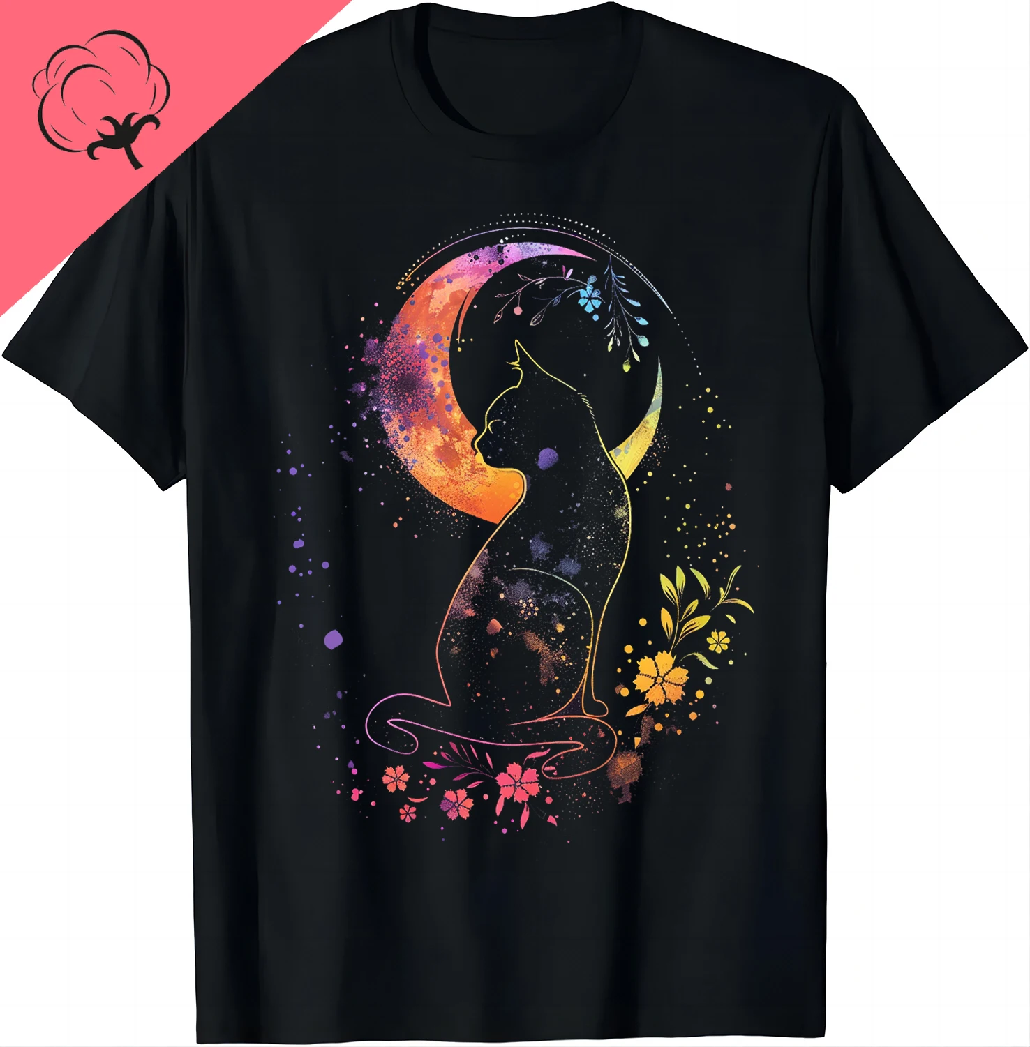 Mystic Cat Garden Tee - Magical Bloom T Shirts  Graphic T Shirts Cotton Women Clothing Tops Aesthetic Clothes Ropa De Mujer