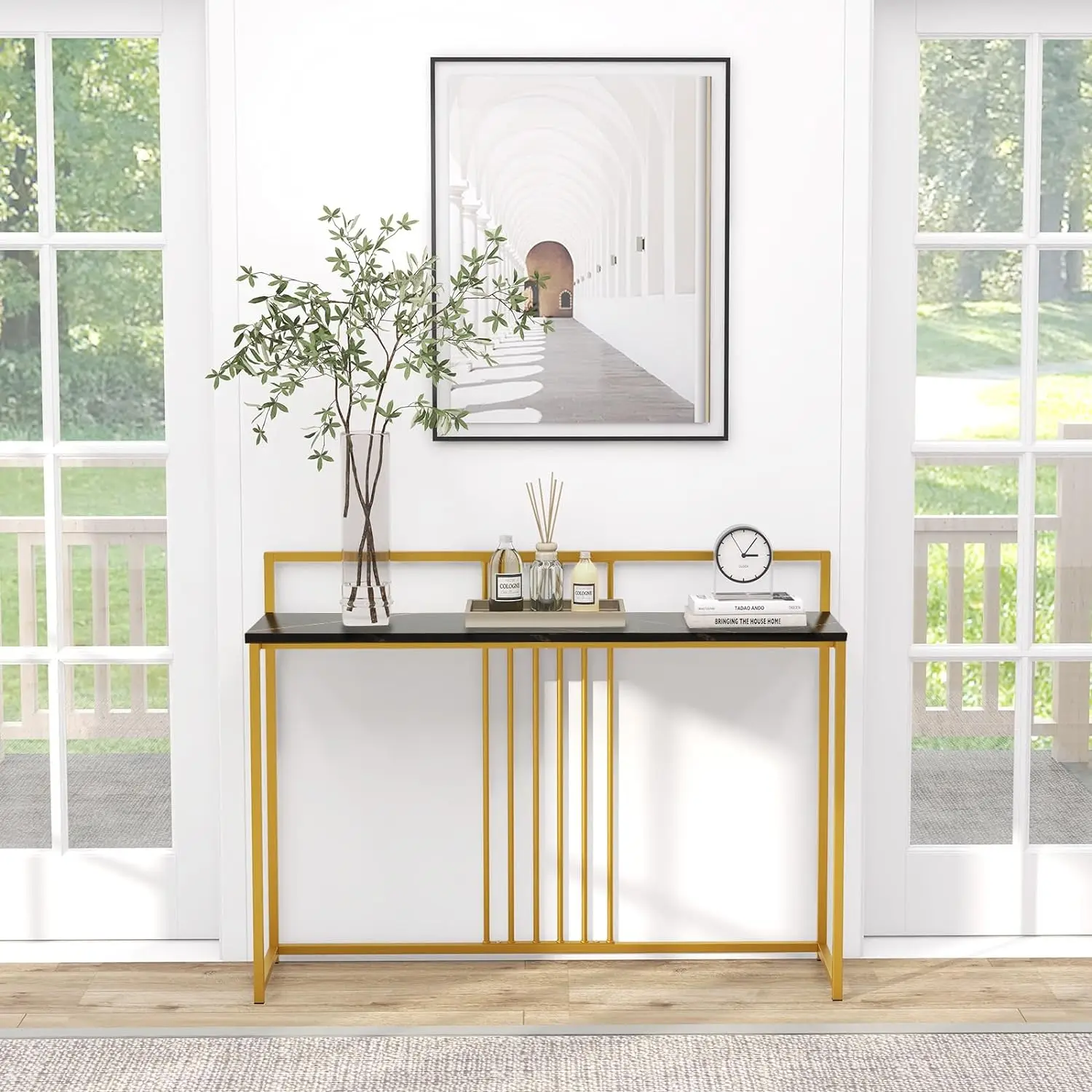 

Comfort corner Console Table, Golden Metal Frame, Foyer Table, Behind Sofa Couch Table, Narrow Accent Display Table for Hallway