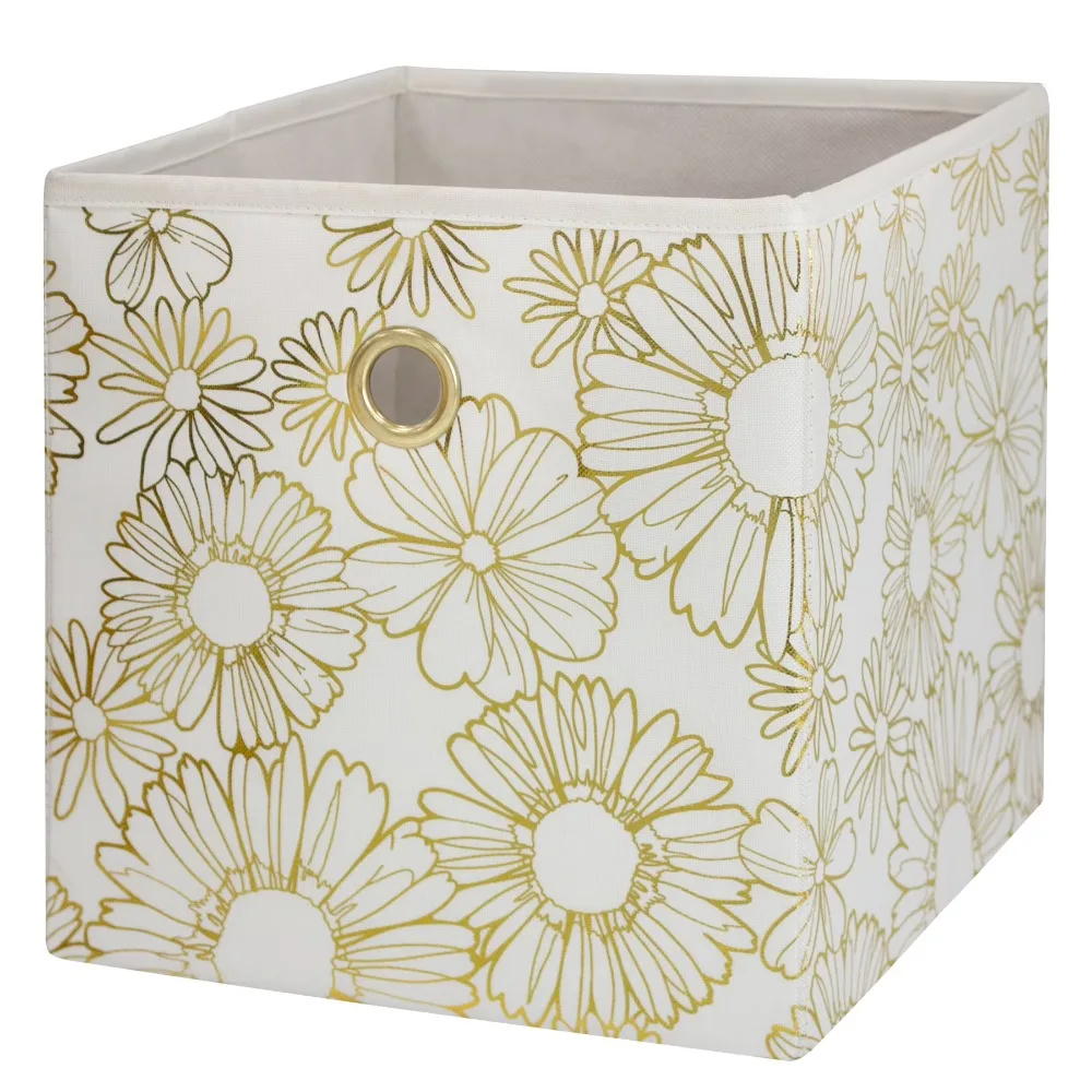 2 Pack Gold Metallic Collapsible Fabric Cube Storage Bin with Metal Grommet Handle for Organizing Shelves Closet Nursery