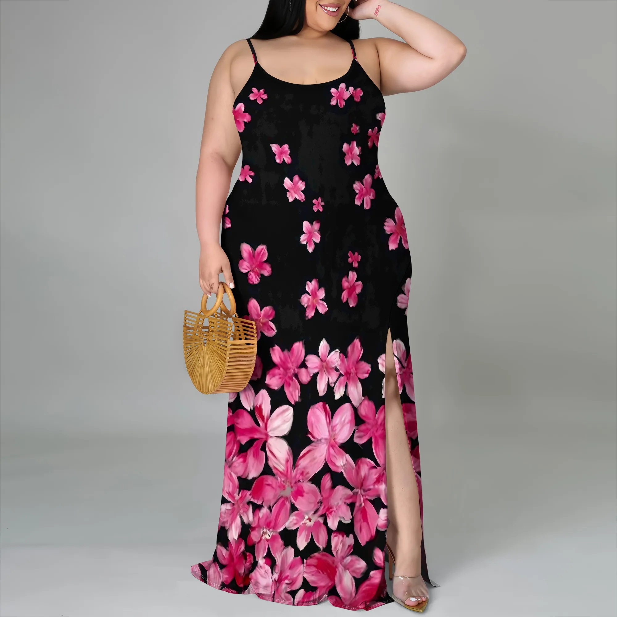 

Plus Size Floral Print Spaghetti Strap Maxi Dress XL-6XL Sexy Split Hem Summer Dress for Beach Vacation, Date Night or Cruise