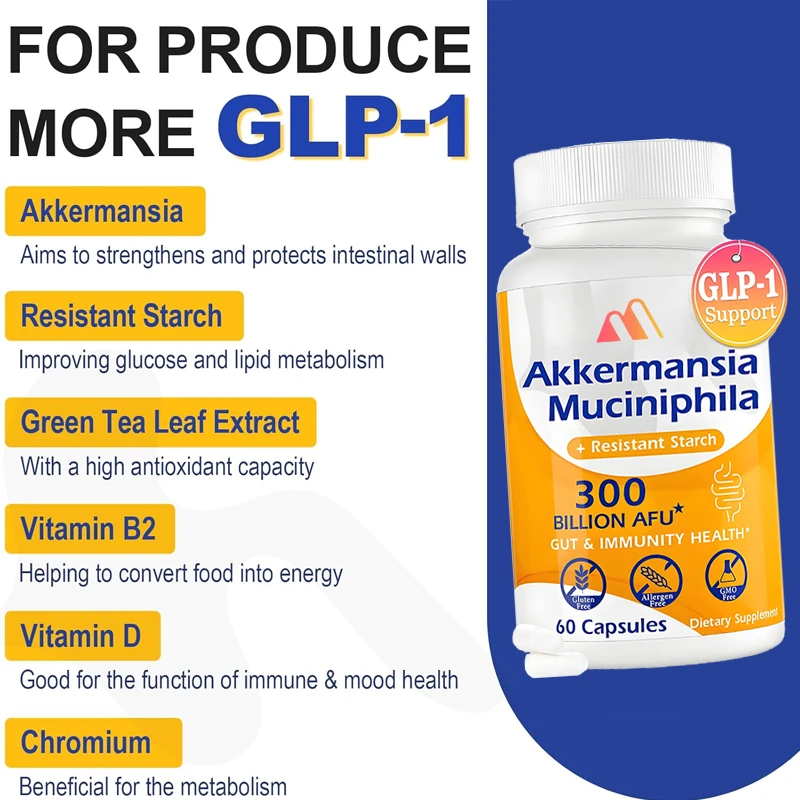 GLP-1 Probiotics | 300 Billion AFU Akkermansia, Suitable for GLP-1 Production, Digestion, Gut, Immunity, 60 Capsules