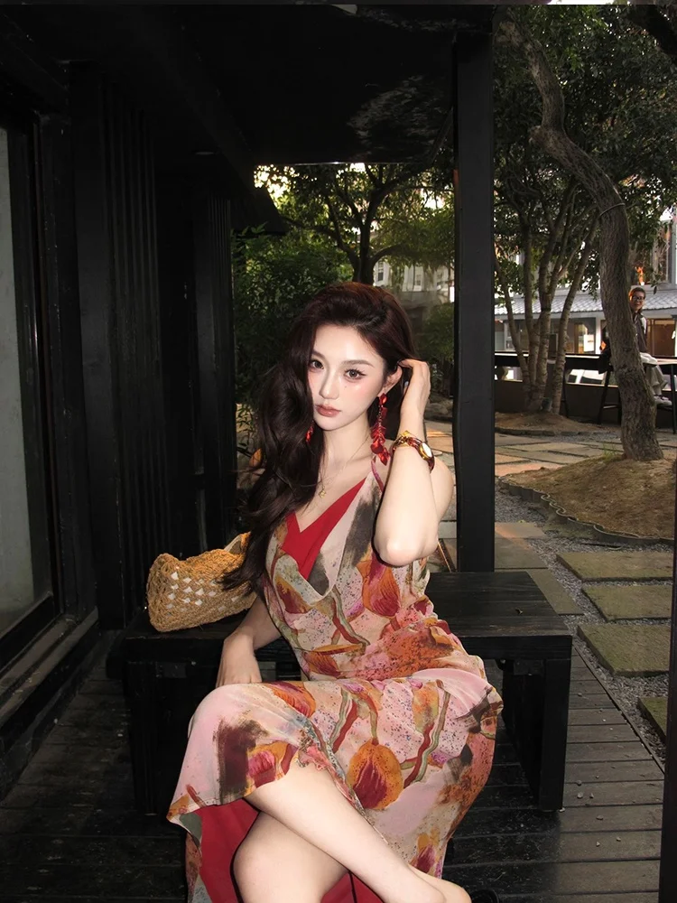

Vacation Style Floral Print Maxi Dress Women's Sleeveless V-Neck Fish Tail Gown Summer Retro Fashion Long Skirt for Ladies