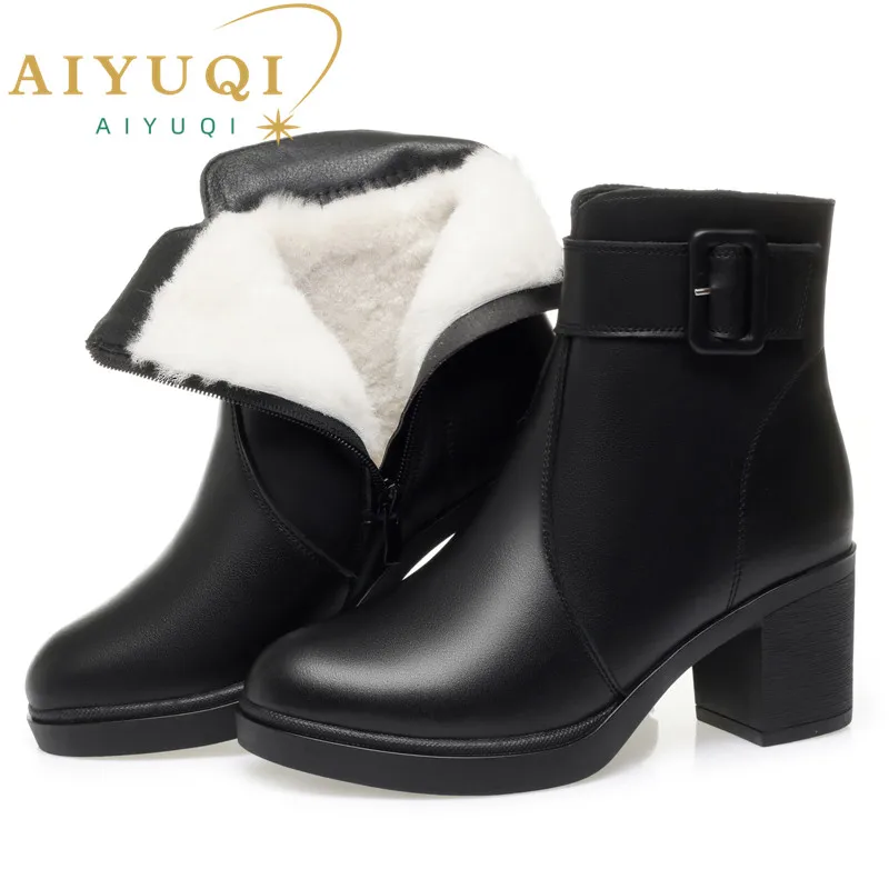 AIYUQI Women Winter Boots Genuine Leather New Warm Wool Women Marton Boots Round Toe High Heel Large Size Women Ankle boots