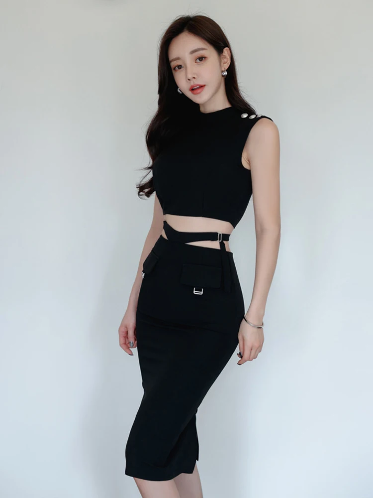 

Fashion Summer Black 2 Pieces Outfits Women Clothes Elegant Cropped Short Tops Shirt Blouse And High Waist Midi Skirt Mujer Set