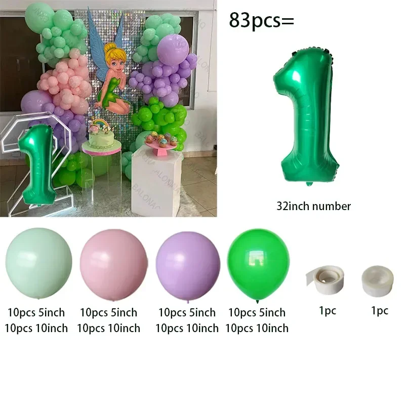 83pcs Little Fairy Balloon Green Dragonfly Princess Digital Balloon 1 2 3 4 5 6st Girl\'s Birthday Party Balloon Baby Shower Ball