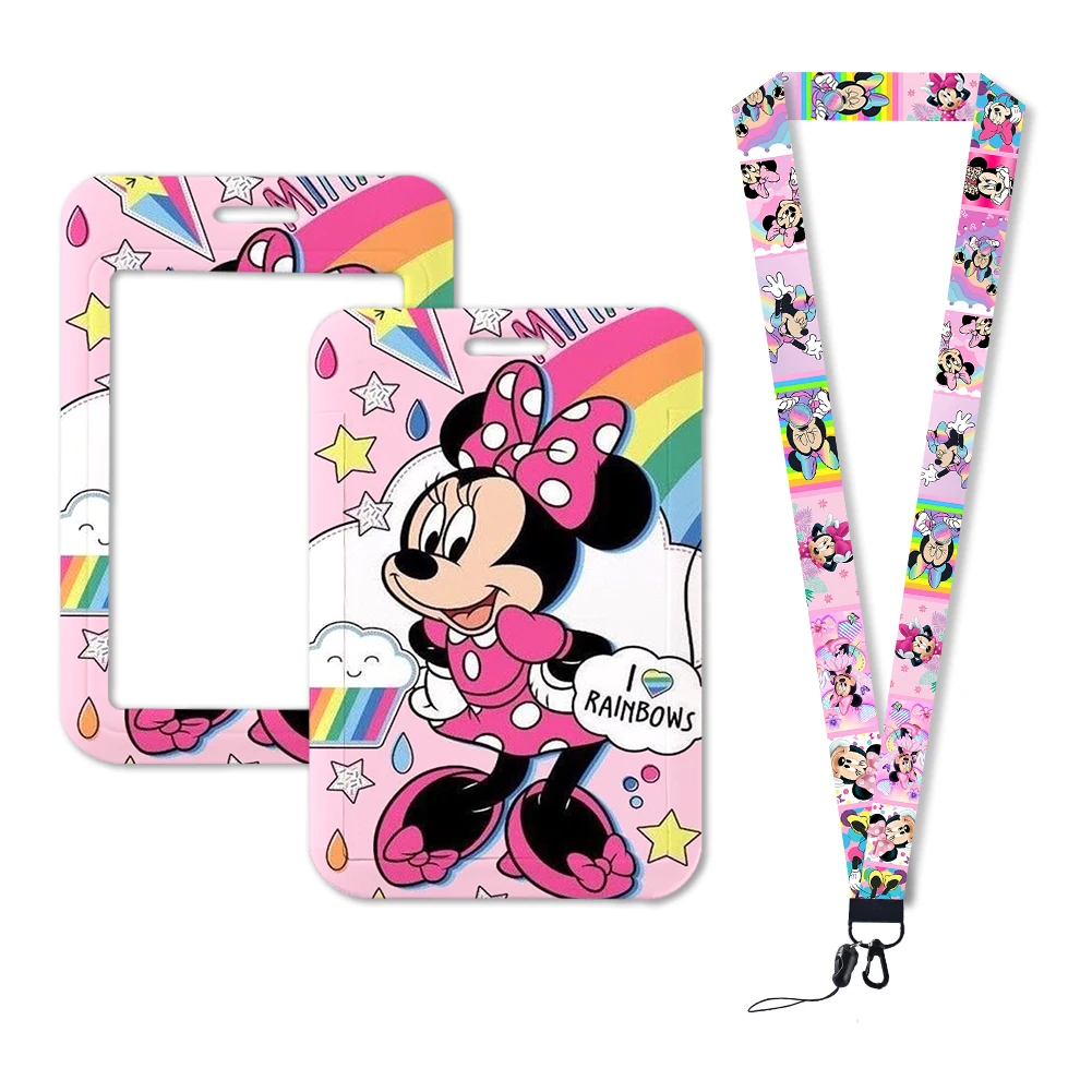 Disney-llavero de la serie rosa de Minnie y Mickey, bonito soporte para insignia, identificación, tarjeta de crédito, cuerda para colgar, accesorios para llaves, regalos