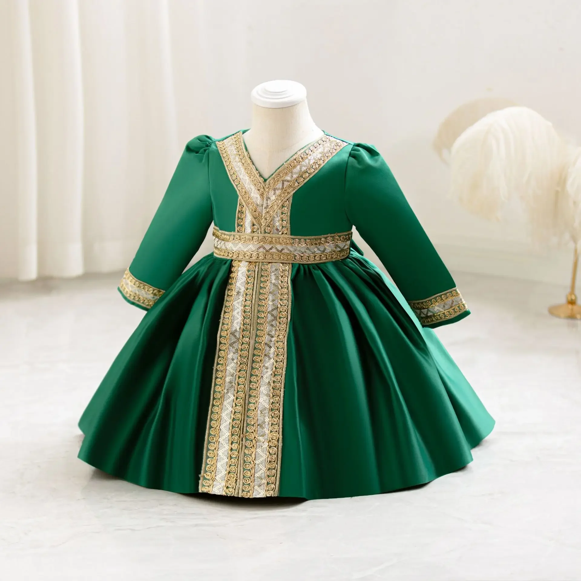 Embroidery Golden Dress For Girls Prayer Costume Long Sleeve Children's Formal Kids Festive Outfits 1-7 Years