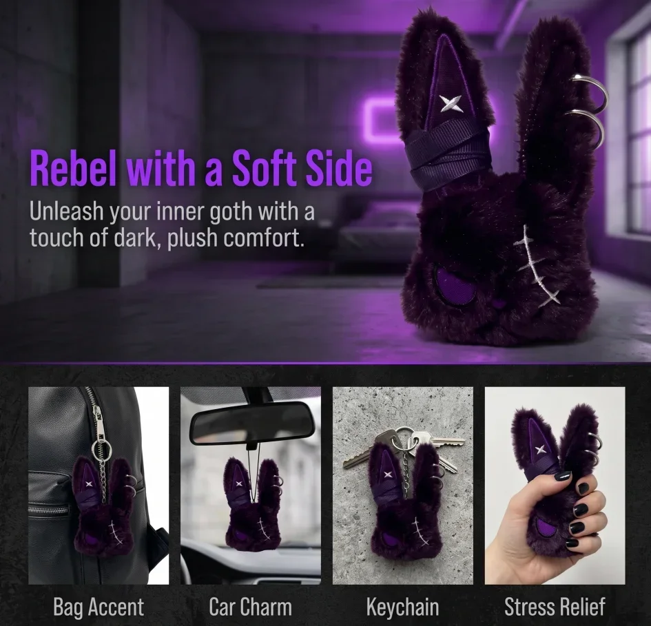 Multi-Color Gothic Bunny Plush Keychain, Punk Stitched Rabbit with Bendable Wire Ears & Bandage Wrap Bag Decor